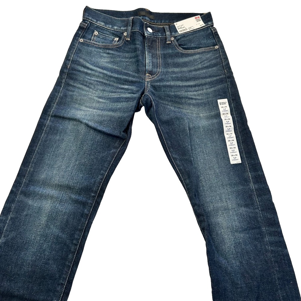 Uniqlo Jeans Mens‎ W28xL34 Blue Denim Selvedge Whisker Faded Straight Leg Slim
